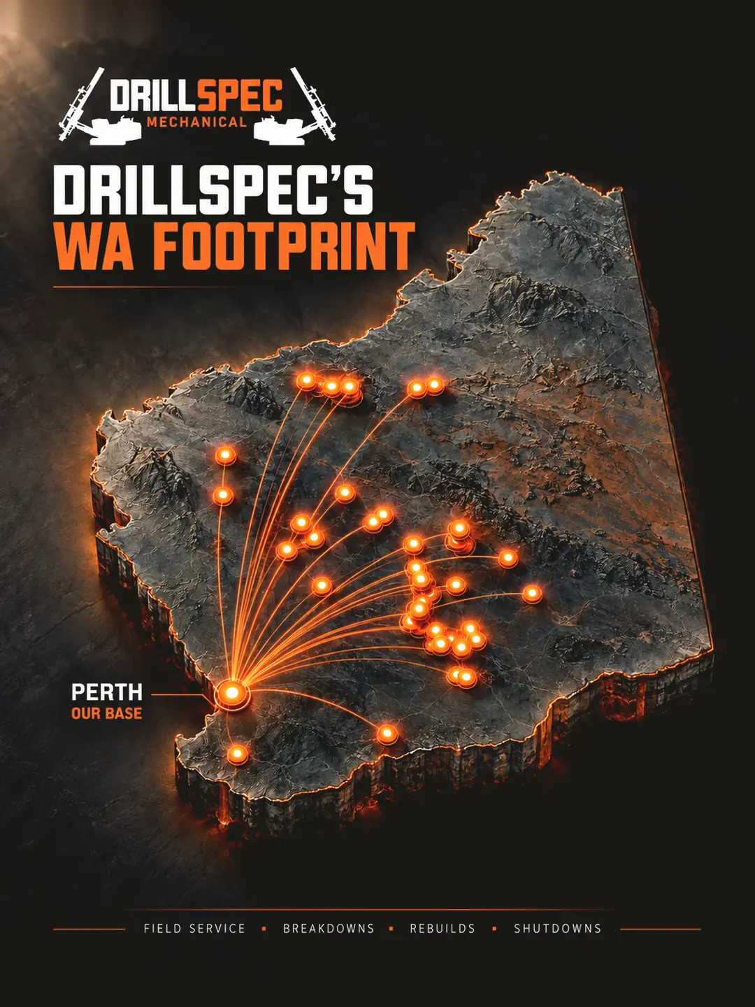 Map of Western Australia showing Drillspec's footprint: job sites fanning out from Perth across the Goldfields, the Pilbara and beyond